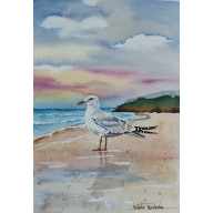 OBRAZ AKWARELOWY: STRAŻNIK PLAŻY – MEWA, 19X27 CM