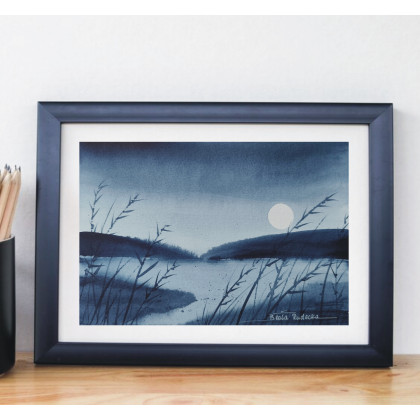 Wieczorna mgła – Autorska akwarela minimalistyczna (21 x 14,7 cm, indygo), Beata Rudecka, obrazy akwarela