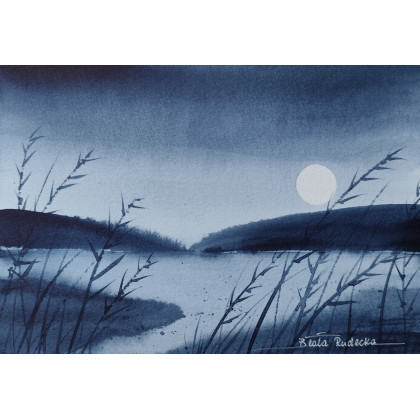 Beata Rudecka - obrazy akwarela - Wieczorna mgła – Autorska akwarela minimalistyczna (21 x 14,7 cm, indygo) foto #1