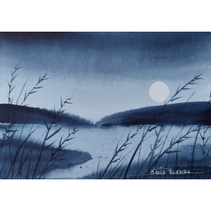 Beata Rudecka - obrazy akwarela - Wieczorna mgła – Autorska akwarela minimalistyczna (21 x 14,7 cm, indygo) foto #2