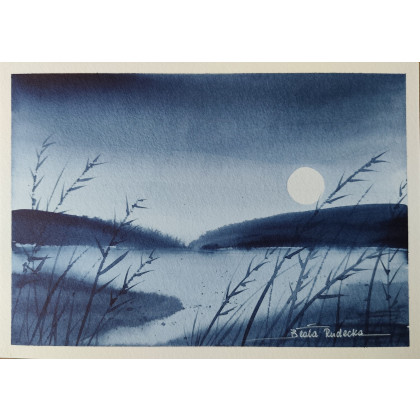Beata Rudecka - obrazy akwarela - Wieczorna mgła – Autorska akwarela minimalistyczna (21 x 14,7 cm, indygo) foto #3