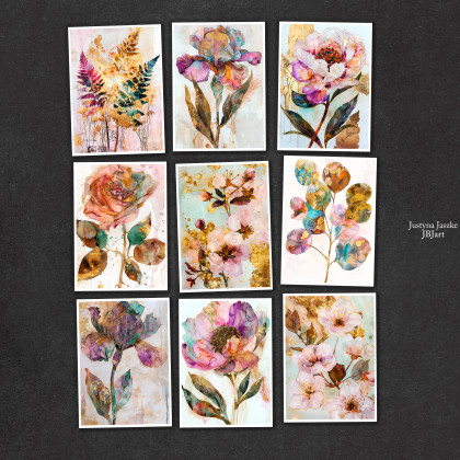 Złota flora - zestaw 9 grafik 15x21 cm, Justyna Jaszke, Grafika cyfrowa