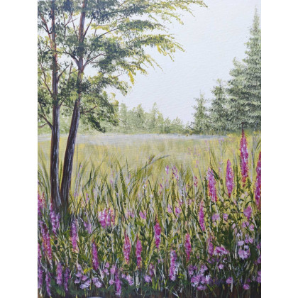 DUŻY KWIECISTY I NASTROJOWY PEJZAŻ MALOWANY NA PŁÓTNIE - SIELSKI ŚWIT 50x40cm, Marzena Dymek, obrazy akryl