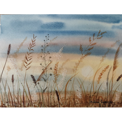 Beata Rudecka - obrazy akwarela - Oryginalna akwarela pt: Szepty słońca - Widok na łąkę - 18x24 cm foto #2