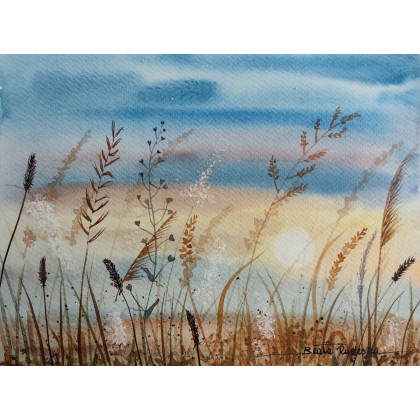 Beata Rudecka - obrazy akwarela - Oryginalna akwarela pt: Szepty słońca - Widok na łąkę - 18x24 cm foto #3