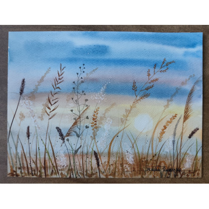 Beata Rudecka - obrazy akwarela - Oryginalna akwarela pt: Szepty słońca - Widok na łąkę - 18x24 cm foto #4