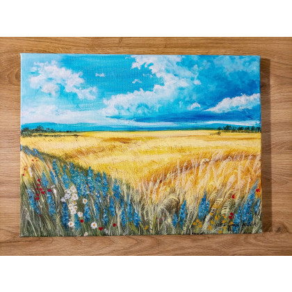 NASTROJOWY PEJZAŻ MALOWANY NA PŁÓTNIE - WAKACJE NA WSI 30x40cm, Marzena Dymek, obrazy akryl