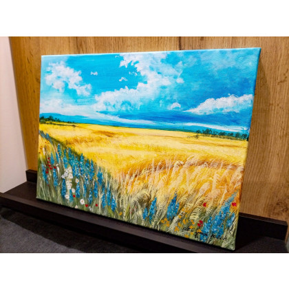 Marzena Dymek - obrazy akryl - NASTROJOWY PEJZAŻ MALOWANY NA PŁÓTNIE - WAKACJE NA WSI 30x40cm foto #4
