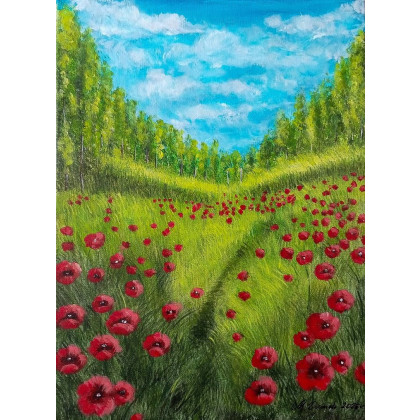 NASTROJOWY PEJZAŻ MALOWANY NA PŁÓTNIE - WŚRÓD KARMINOWYCH MAKÓW 40x30cm, Marzena Dymek, obrazy akryl