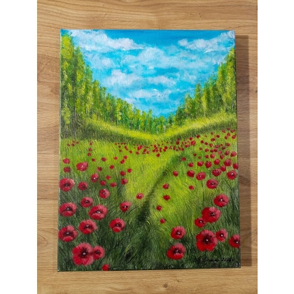 Marzena Dymek - obrazy akryl - NASTROJOWY PEJZAŻ MALOWANY NA PŁÓTNIE - WŚRÓD KARMINOWYCH MAKÓW 40x30cm foto #1