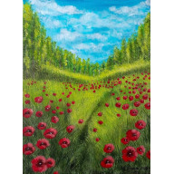 NASTROJOWY PEJZAŻ MALOWANY NA PŁÓTNIE - WŚRÓD KARMINOWYCH MAKÓW 40X30CM