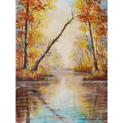 NASTROJOWY PEJZAŻ MALOWANY NA PŁÓTNIE - UKŁON KU WODZIE 40x30cm, Marzena Dymek, obrazy akryl