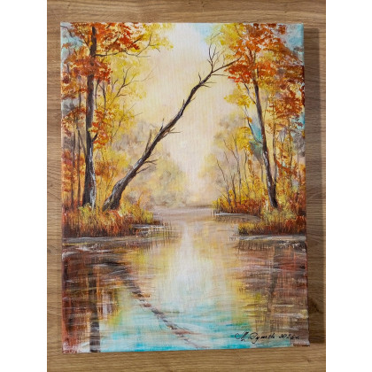 Marzena Dymek - obrazy akryl - NASTROJOWY PEJZAŻ MALOWANY NA PŁÓTNIE - UKŁON KU WODZIE 40x30cm foto #1