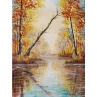 NASTROJOWY PEJZAŻ MALOWANY NA PŁÓTNIE - UKŁON KU WODZIE 40X30CM