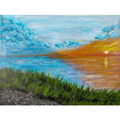 NASTROJOWY PEJZAŻ MALOWANY NA PŁÓTNIE - ZŁOCISTE ODBICIE 30x40cm, Marzena Dymek, obrazy akryl