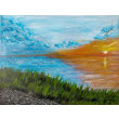NASTROJOWY PEJZAŻ MALOWANY NA PŁÓTNIE - ZŁOCISTE ODBICIE 30x40cm