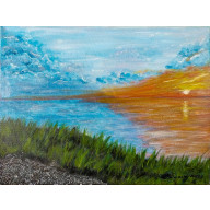 NASTROJOWY PEJZAŻ MALOWANY NA PŁÓTNIE - ZŁOCISTE ODBICIE 30x40cm