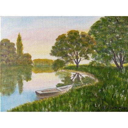 NASTROJOWY PEJZAŻ MALOWANY NA PŁÓTNIE - CICHA PRZYSTAŃ 30x40cm, Marzena Dymek, obrazy akryl