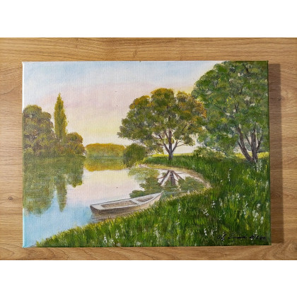 Marzena Dymek - obrazy akryl - NASTROJOWY PEJZAŻ MALOWANY NA PŁÓTNIE - CICHA PRZYSTAŃ 30x40cm foto #1