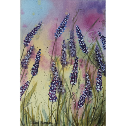 Beata Rudecka - obrazy akwarela - Akwarela pt: Fioletowa łąka 19x27 cm HandMade Lawenda foto #2