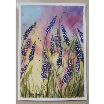 Beata Rudecka - obrazy akwarela - Akwarela pt: Fioletowa łąka 19x27 cm HandMade Lawenda foto #4