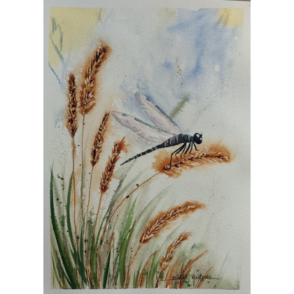 Beata Rudecka - obrazy akwarela - Oryginalny obraz akwarela pt: Ważka na łące 19x27 cm papier bawełna foto #3
