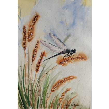 Beata Rudecka - obrazy akwarela - Oryginalny obraz akwarela pt: Ważka na łące 19x27 cm papier bawełna foto #4