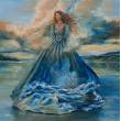 Niewzruszona, obraz olejny, surrealizm, kobieta, krajobraz, woda, 60x60cm