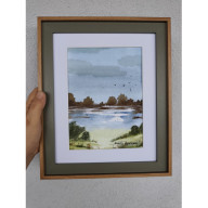 AKWARELA W RAMCE I PASPARTU. OBRAZ PT: ROZLEWISKO WSPOMNIEŃ. 24X29 CM.