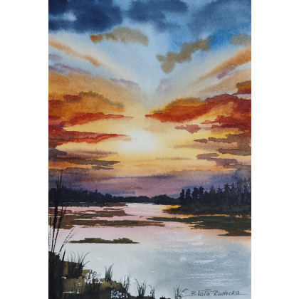 Beata Rudecka - obrazy akwarela - Unikalny obraz akwarelowy Wieczór na Mazurach 19x27 cm foto #1