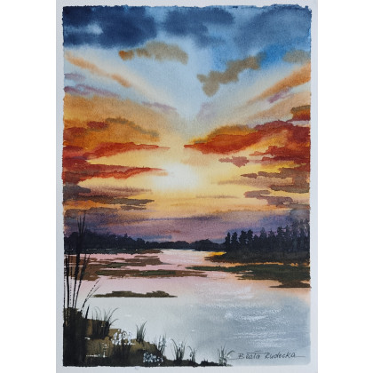 Beata Rudecka - obrazy akwarela - Unikalny obraz akwarelowy Wieczór na Mazurach 19x27 cm foto #2