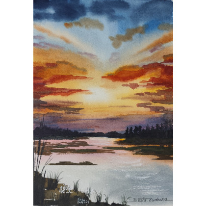 Beata Rudecka - obrazy akwarela - Unikalny obraz akwarelowy Wieczór na Mazurach 19x27 cm foto #3