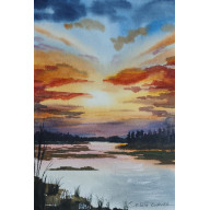UNIKALNY OBRAZ AKWARELOWY WIECZÓR NA MAZURACH | 19X27 CM
