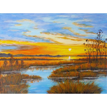 NASTROJOWY PEJZAŻ MALOWANY NA PŁÓTNIE - ODBICIE W WODZIE PO ZACHODZIE 30x40cm, Marzena Dymek, obrazy akryl