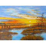 NASTROJOWY PEJZAŻ MALOWANY NA PŁÓTNIE - ODBICIE W WODZIE PO ZACHODZIE 30x40cm