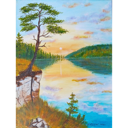 KLIMATYCZNY PEJZAŻ MALOWANY NA PŁÓTNIE - CICHY ZMIERZCH 40x30cm, Marzena Dymek, obrazy akryl