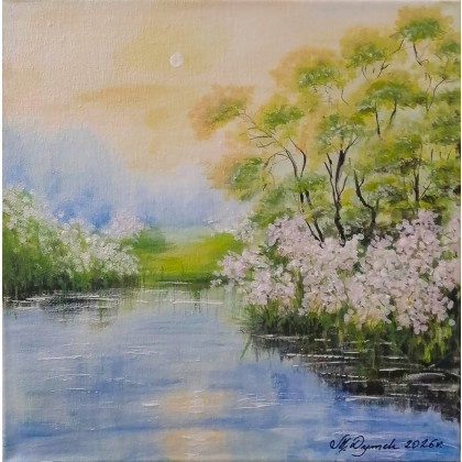 NASTROJOWY PEJZAŻ MALOWANY NA PŁÓTNIE - PASTELOWE KWITNIENIE 30x30cm, Marzena Dymek, obrazy akryl