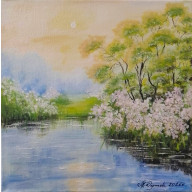 NASTROJOWY PEJZAŻ MALOWANY NA PŁÓTNIE - PASTELOWE KWITNIENIE 30x30cm