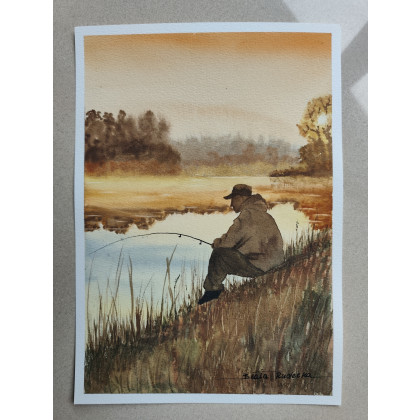 Beata Rudecka - obrazy akwarela - Oryginalny obraz akwarelowy z motywem wędkarza. Watercolor. foto #1
