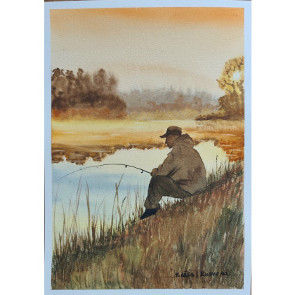Beata Rudecka - obrazy akwarela - Oryginalny obraz akwarelowy z motywem wędkarza. Watercolor. foto #2