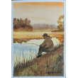 Oryginalny obraz akwarelowy z motywem wędkarza. Watercolor.