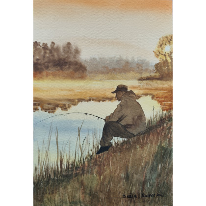 Beata Rudecka - obrazy akwarela - Oryginalny obraz akwarelowy z motywem wędkarza. Watercolor. foto #3
