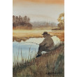 Oryginalny obraz akwarelowy z motywem wędkarza. Watercolor.