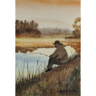 Oryginalny obraz akwarelowy z motywem wędkarza. Watercolor.