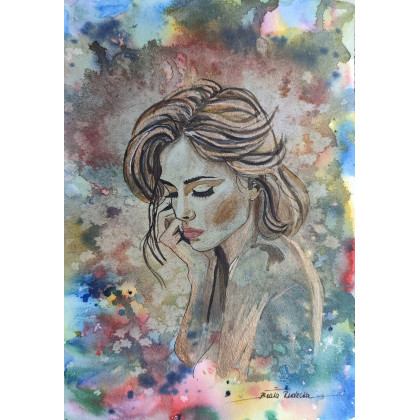 Beata Rudecka - obrazy akwarela - Akwarela pt: Zanurzona w marzeniach, Format A4 foto #1