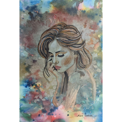 Beata Rudecka - obrazy akwarela - Akwarela pt: Zanurzona w marzeniach, Format A4 foto #2