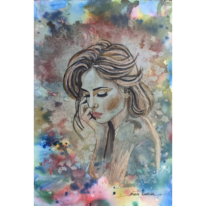 Beata Rudecka - obrazy akwarela - Akwarela pt: Zanurzona w marzeniach, Format A4 foto #3