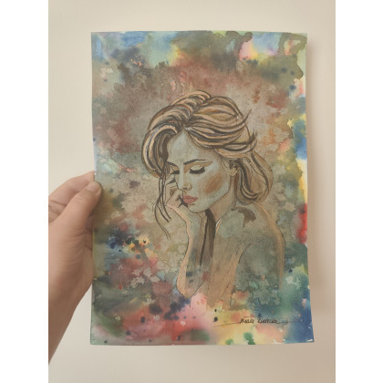 Beata Rudecka - obrazy akwarela - Akwarela pt: Zanurzona w marzeniach, Format A4 foto #4