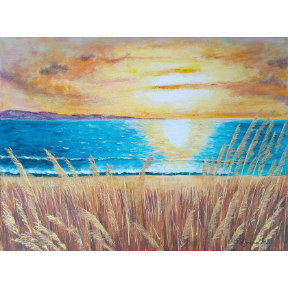 NASTROJOWY PEJZAŻ MALOWANY NA PŁÓTNIE - ZŁOTAWY ZMIERZCH 30x40cm, Marzena Dymek, obrazy akryl