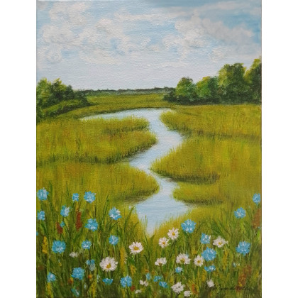 POETYCKI PEJZAŻ MALOWANY NA PŁÓTNIE - POLNĄ ŁĄKĄ 40x30cm, Marzena Dymek, obrazy akryl